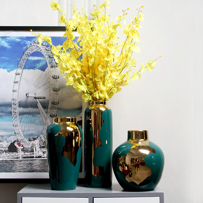 陶瓷花瓶三件套客厅插花电视柜台面装饰摆设瓷瓶绿色新中式