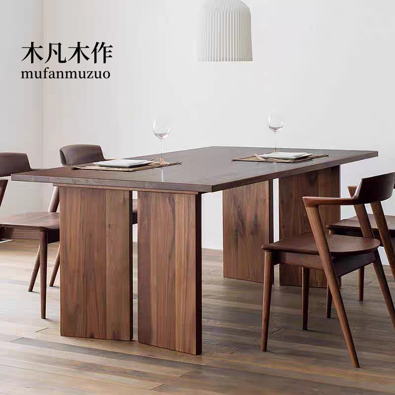 北美黑胡桃木餐桌原木大板中古长桌E北欧简约侘寂风茶桌书桌工作