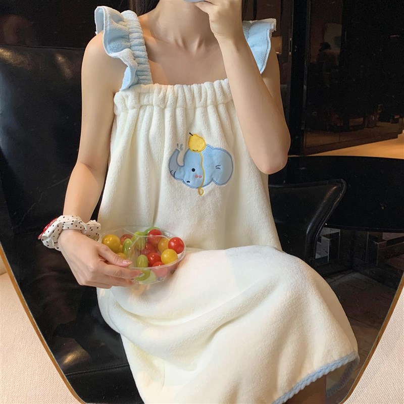 吊带浴袍女士家用可爱吸水速干浴裙夏天可穿M式柔软珊瑚绒浴巾裹