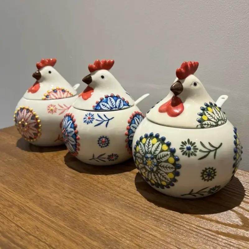 鸡肉陶瓷调味罐盐瓶厨房家用高级调味罐防潮调味盒有盖辣罐