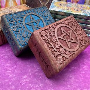 印度进口木制五芒星蓝色首饰盒手工雕刻收纳盒牌盒拍照道具摆件