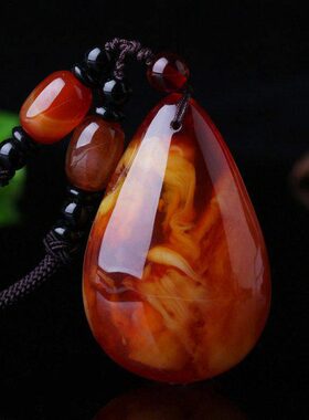 琥珀老蜜蜡吊坠女款毛衣链长款秋冬水滴项链男士鸡油黄无事牌挂坠