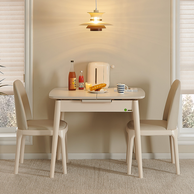 伸缩餐桌岩板现代轻奢简约家用小户型可折叠实木奶油风白色饭桌子