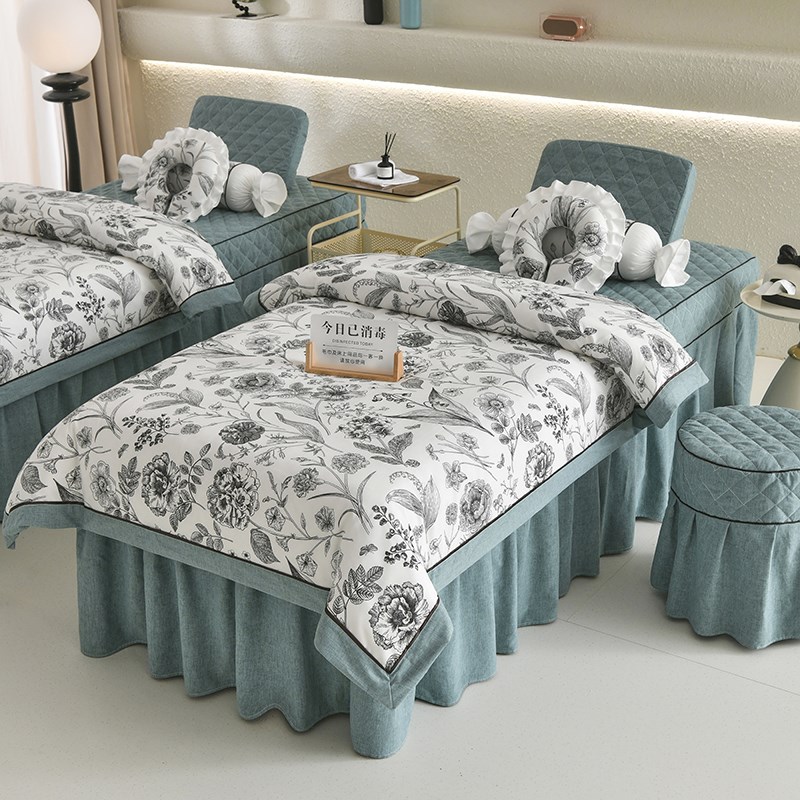 法式复古美容床罩四件套轻奢风黑色按摩美容院床罩套定制