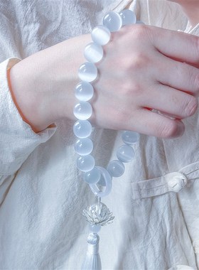 白猫眼石莲花手持手串绕指柔古风流苏配饰手链女款文玩盘玩手把件