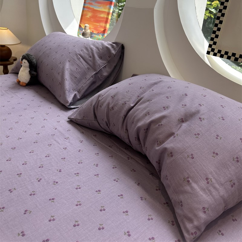 A类母婴双层纱魅紫小樱桃床笠床单单件1.35米全棉保护套床罩