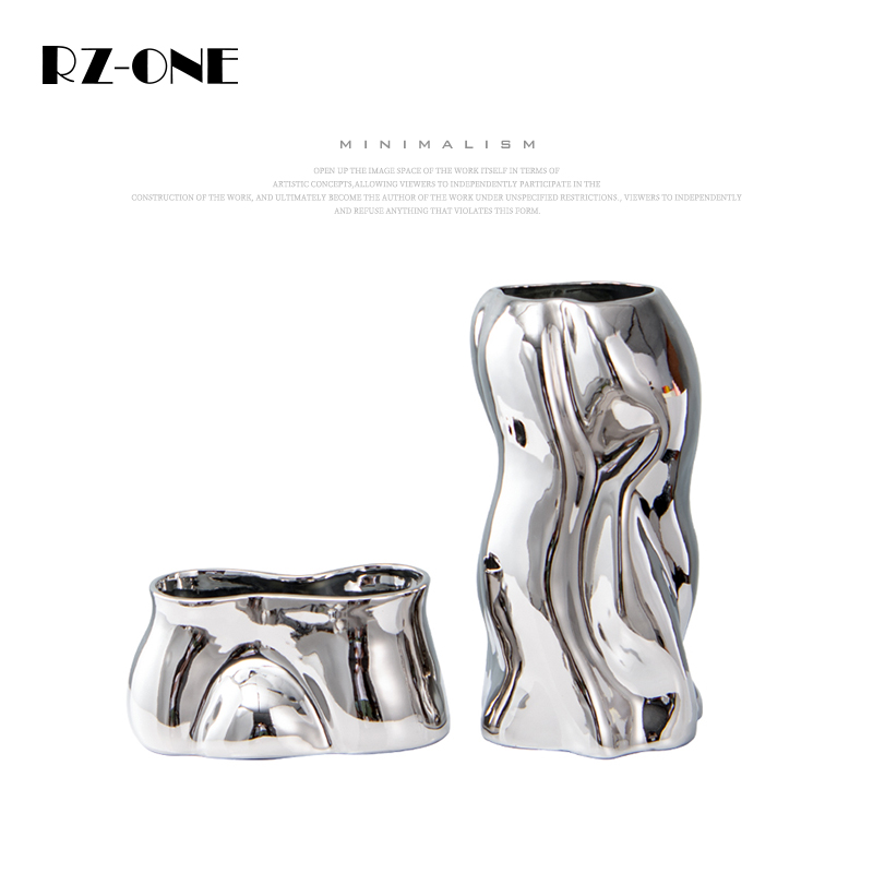 Rzone 极简电镀银色陶瓷花瓶现代北欧插花N器样板房间酒店软装饰