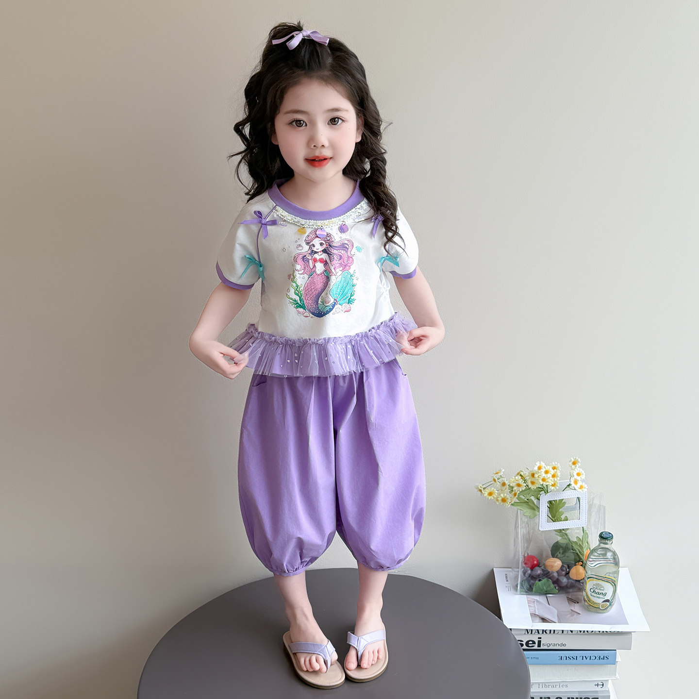 女童夏季美人鱼卡通短袖套装花边灯笼裤时尚两件套新款儿童夏装