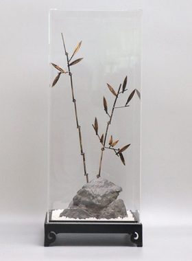 新中式铁艺竹子假山沙盘摆件样板房客厅玄关亚克力罩盒子软装饰品