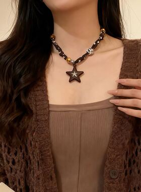 美拉德咖色丝巾项链女复古小众设计感可调节毛衣链时尚百搭颈链潮