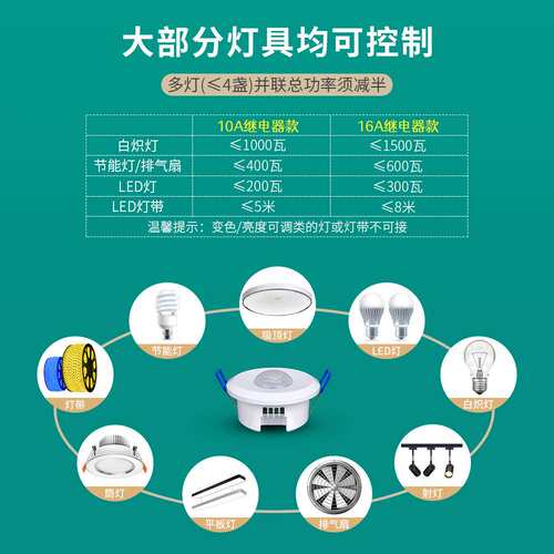 嵌入式人体红外感应开关16A大功率220V筒灯智能感应器开孔70-75mm