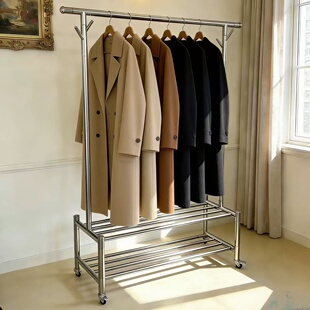 喜佳奢不锈钢单杆双层置物架落地晾衣架可移动房间卧室简约挂衣架