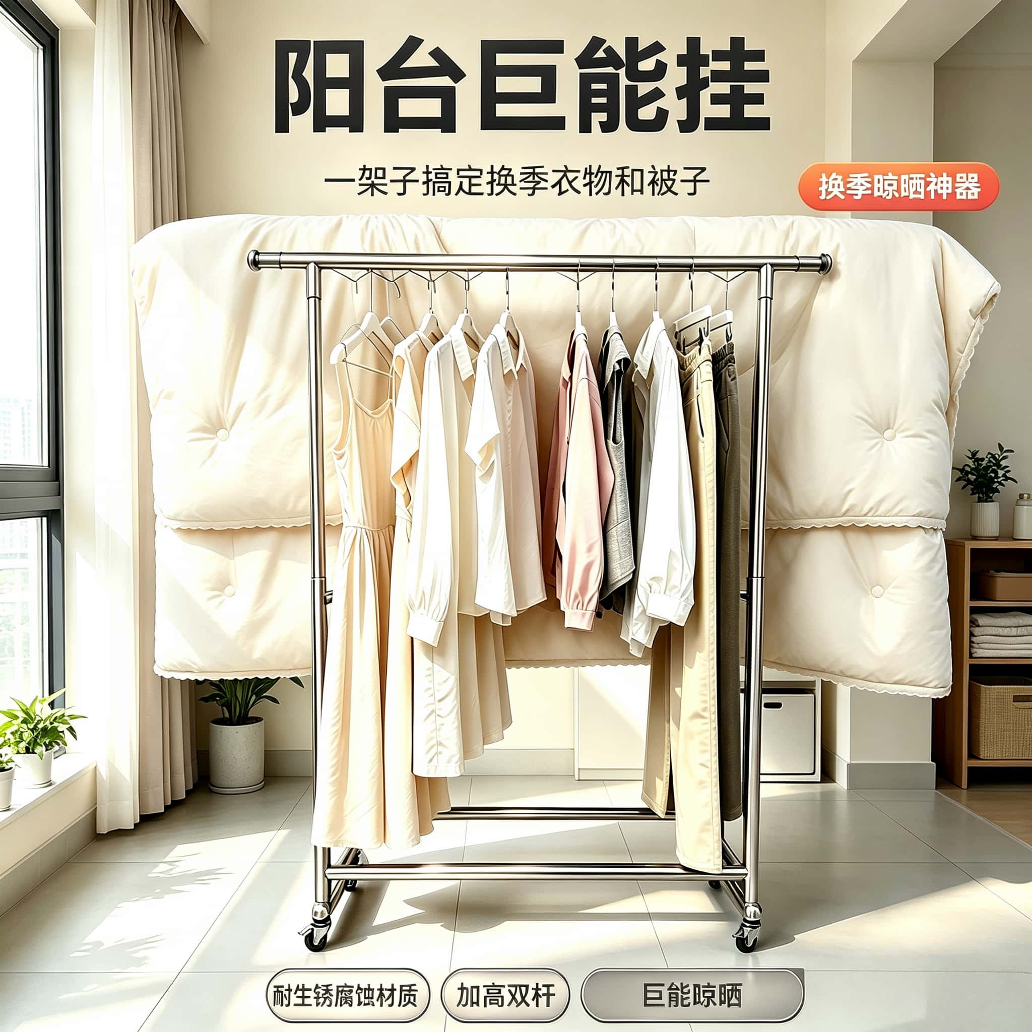 不锈钢双杆落地简易挂衣架可移动