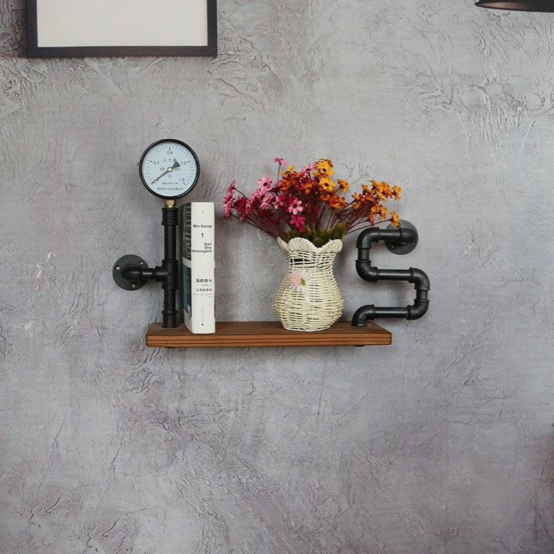 复古实木书架铁艺层架壁挂墙上水管置物架装饰书架实木层架工业风