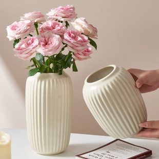 法式 饰玻璃花器 奶油风白色条纹花瓶摆件高级感客厅插花鲜花水培装