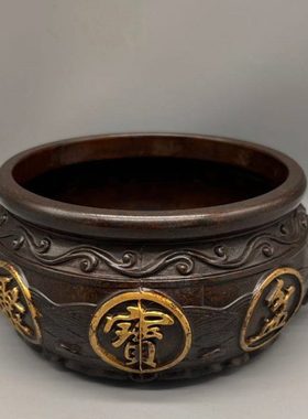 复古包浆纯铜鎏金双耳兽耳聚宝盆铜器工艺品家居办公室吧台装饰品