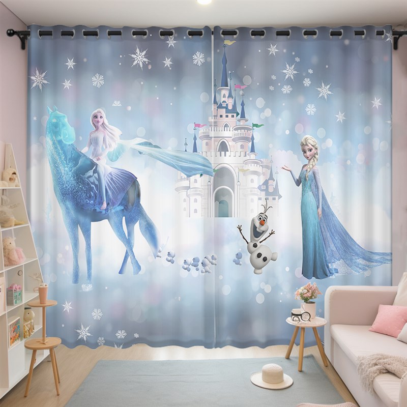 2024新款冰雪奇缘定制窗帘女孩房遮F光卧室艾莎公主风可爱飘窗布