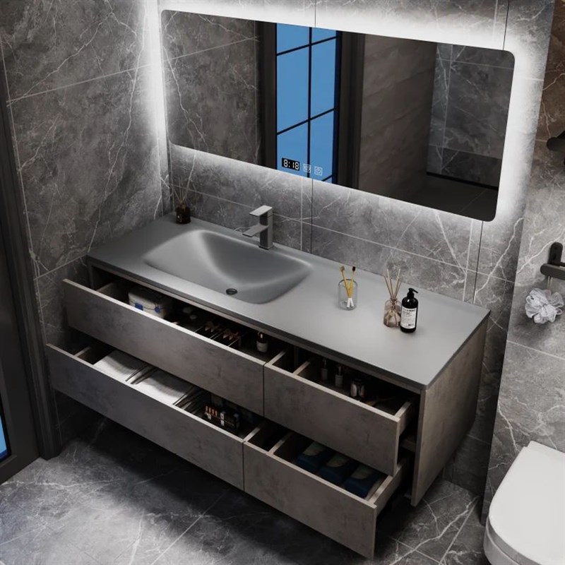 轻奢浴室柜组合现代岩板热v弯一体盆简约卫生间洗手洗脸池智能镜
