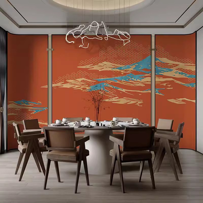 新中式红色山水墙布客厅大堂背景壁布酒店餐厅N包厢装饰墙纸壁画8
