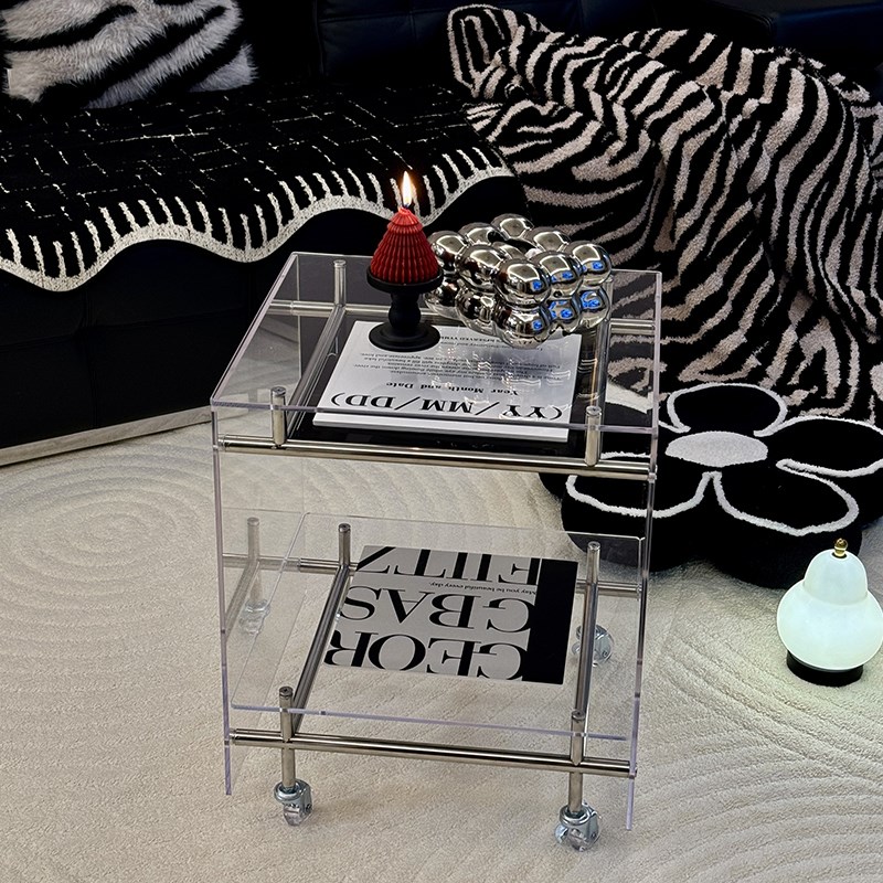 网红透明小推车简约现代中古创A意家用沙发边几移动收纳轻奢床头