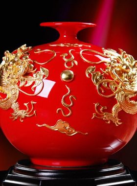 中国红漆线雕  高档的双龙天地方圆高端客厅摆件 陶瓷礼品