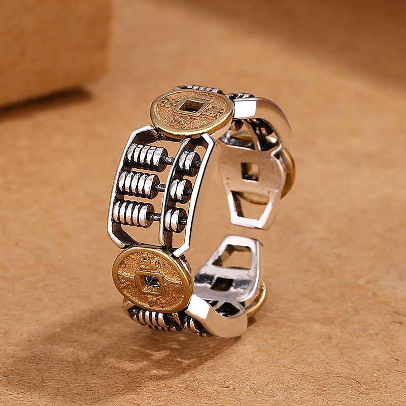 国潮复古铜钱算盘泰银戒指男女z财源滚滚个性饰品开口情侣藏银指