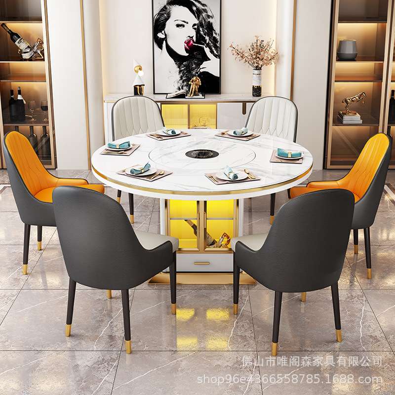 轻奢岩板伸缩餐桌多功能圆桌带电磁炉嵌入式转盘家用饭桌收纳