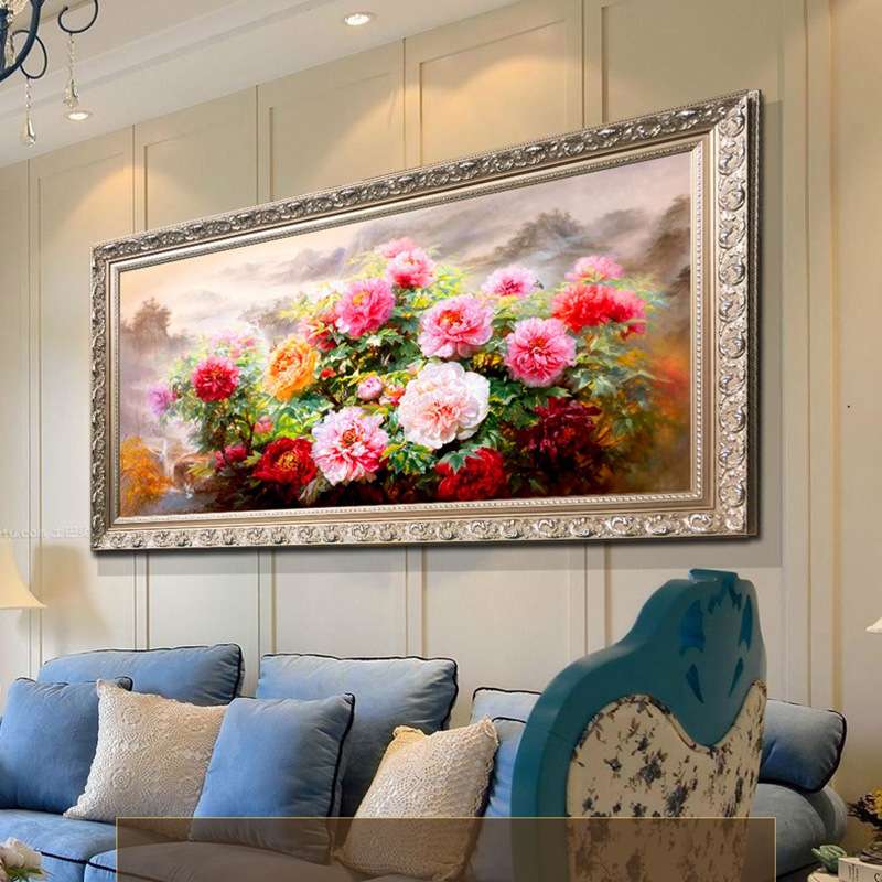 新中式玄关装饰画入户走廊纯手绘油画立体牡丹花客厅横版书房挂画图片