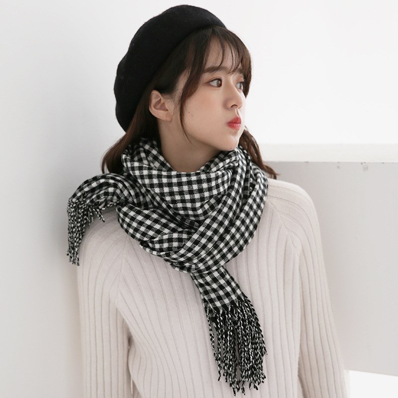 2019秋冬新款甜美格子围巾女保暖E仿羊绒流苏百搭围脖披肩厂家