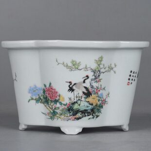 复古怀旧风粉彩松鹤迎春花鸟纹异形中号陶瓷花盆菖蒲多肉文竹瓷盆