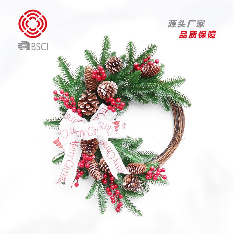 亚马逊圣诞节装饰品 50cm绸带小红果pHe藤圈圣诞花环 商场橱窗挂