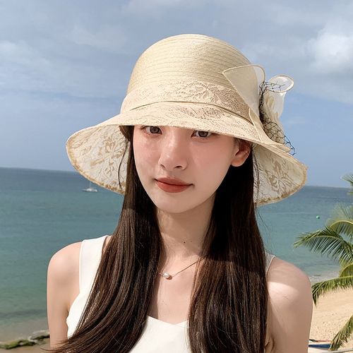 夏季新款女士优雅欧根纱花朵盆帽户外出游遮阳防晒V清凉渔夫帽子