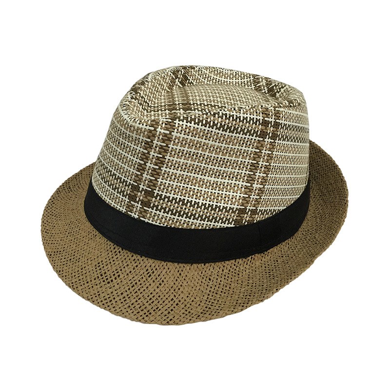 欧美新款男士礼帽 遮阳草编爵士帽 格子条纹N英伦帽春夏透气帽