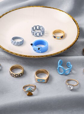 跨境热销滴油戒指时尚爱心滴油青蛙嘴唇气质开N口链条组合12件指