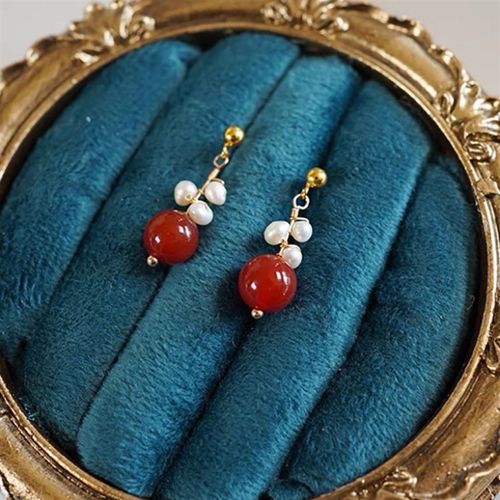 淡水珍珠复古气质红玛p瑙绕手工线珍珠耳钉925银针时尚本命年耳环