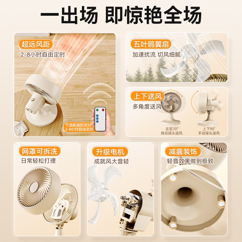 电风扇小型台式新款家用静音充电台扇床头桌面办公室五页摇头电扇