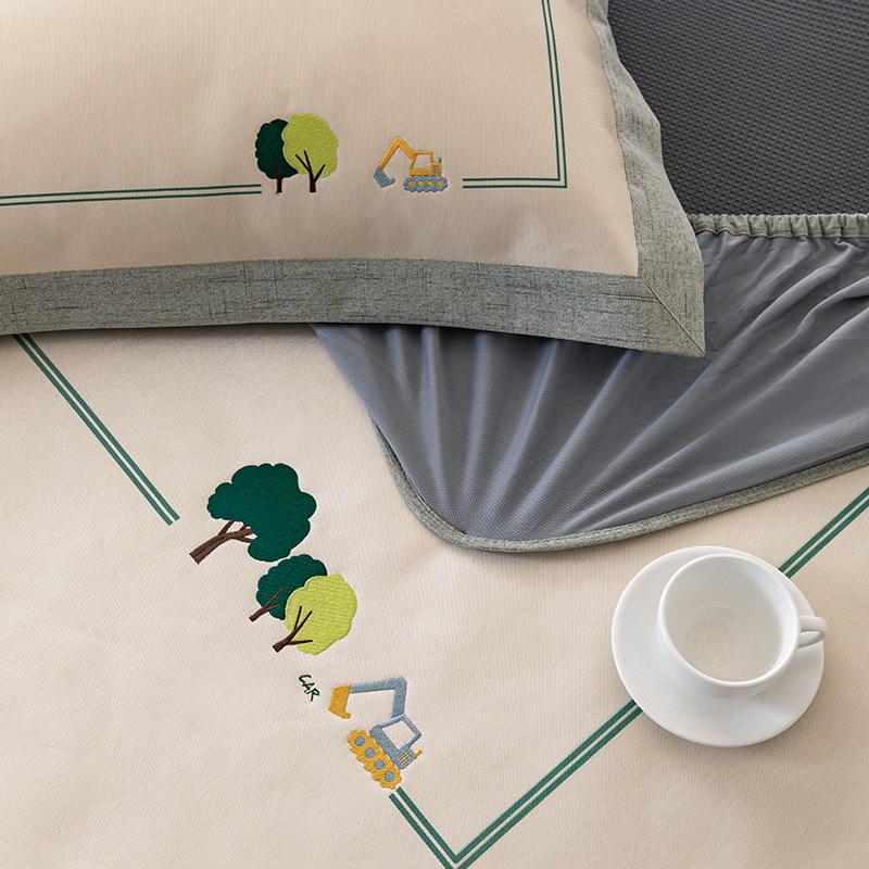 夏季轻奢加厚凉感冰丝凉席三件套刺绣可水洗空调席子可折叠床笠款