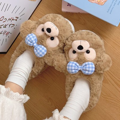 可爱小熊棉拖鞋女款冬季外穿防滑居家踩屎感加绒包跟保暖棉鞋假日