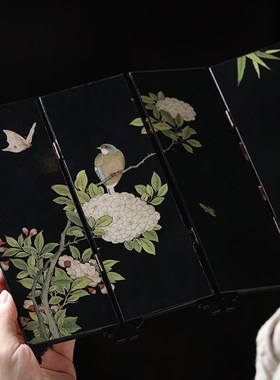 大相莲花 中式桌面屏风摆件 可折叠双面屏风摆台 木质 迷你隔断