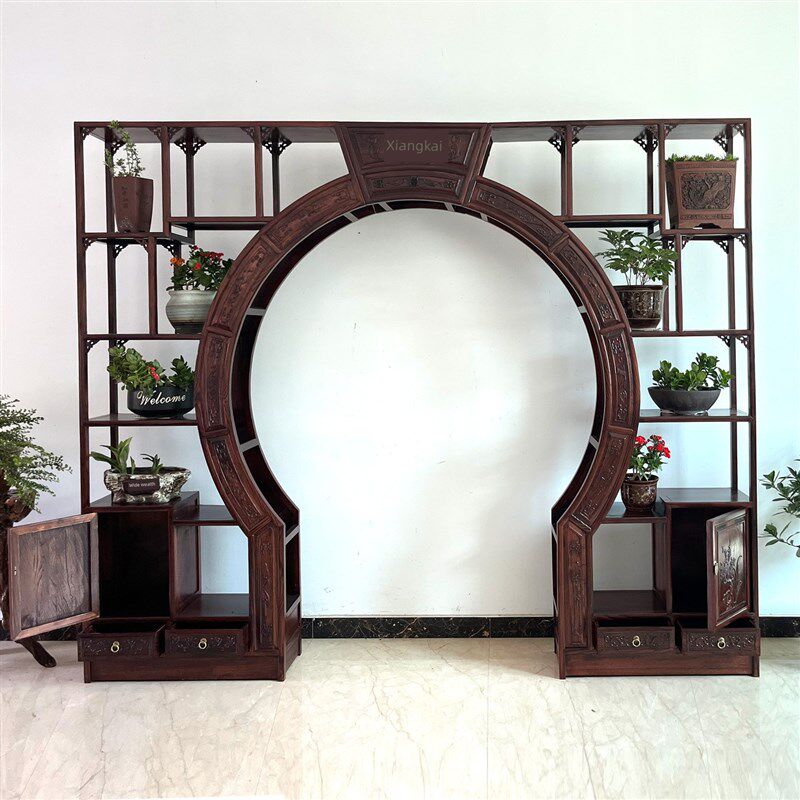 定制中式博古架实木双圈月洞门隔断客厅入户玄关柜圆形拱门月亮门