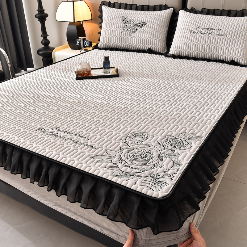 夏季新款花边冰丝乳胶凉席床笠款三件套可机水洗单人宿舍空调床垫