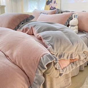 韩版 奶油被套四件套加厚保暖珊瑚绒少女宿舍床上三件套冬季