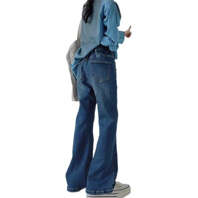 女童秋冬季新款一体加绒喇叭裤童装大童修身加厚洋气中大童牛仔裤