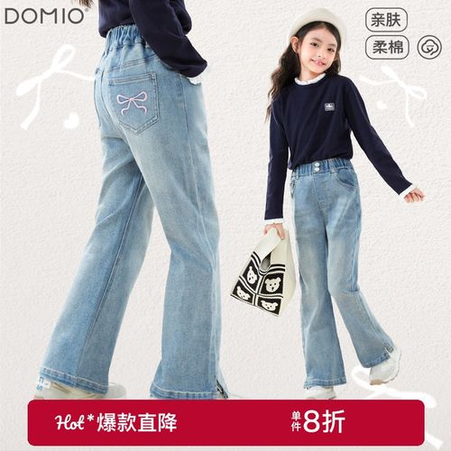 女童牛仔喇叭裤2024秋季新款儿童长裤中大童蝴蝶结弹力洋气裤子