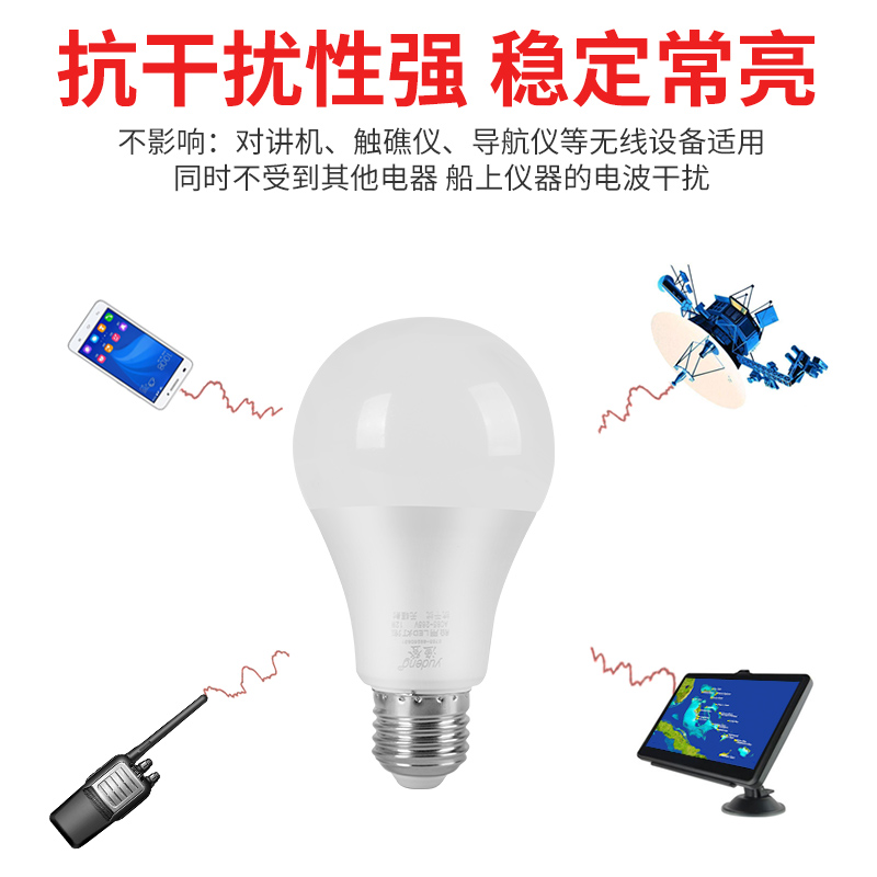 渔登12V24V110V220V船用抗干扰LED灯泡E27螺旋口节能灯泡无干扰灯