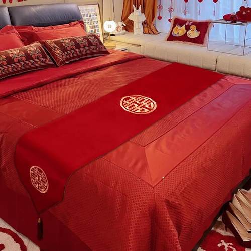 红色床旗结婚婚房装饰床尾搭巾新婚床上用品喜字桌旗茶几茶台桌布