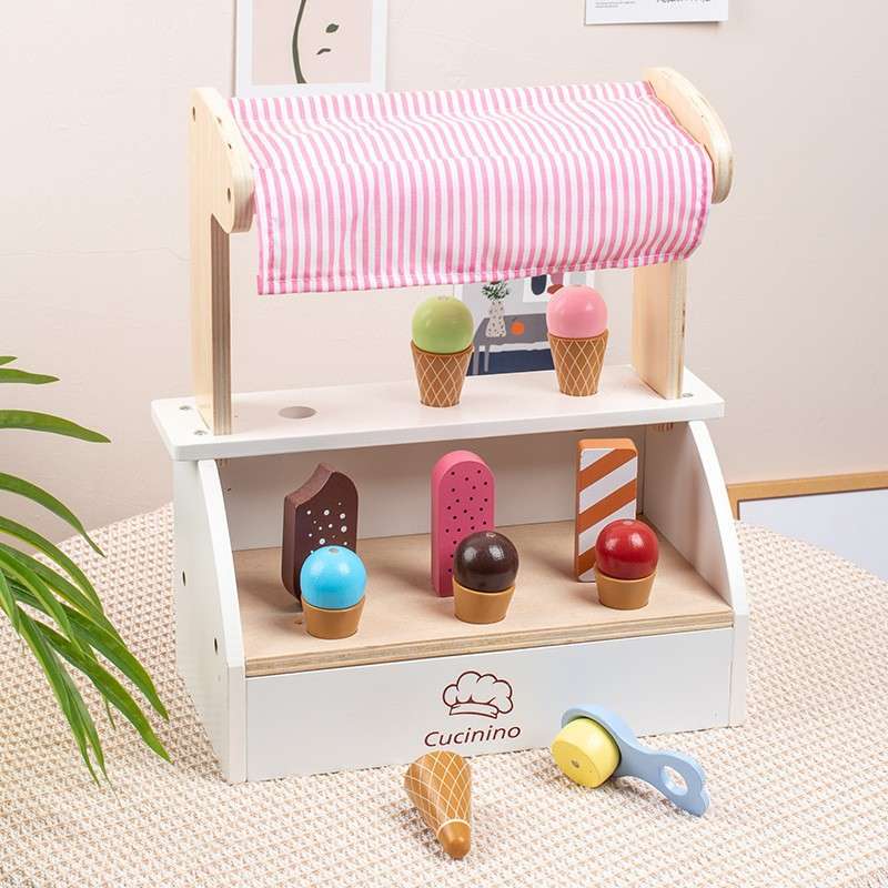 宝宝仿真冰淇淋商店过家家迷你小卖部收银台推车甜筒棒冰木制玩具