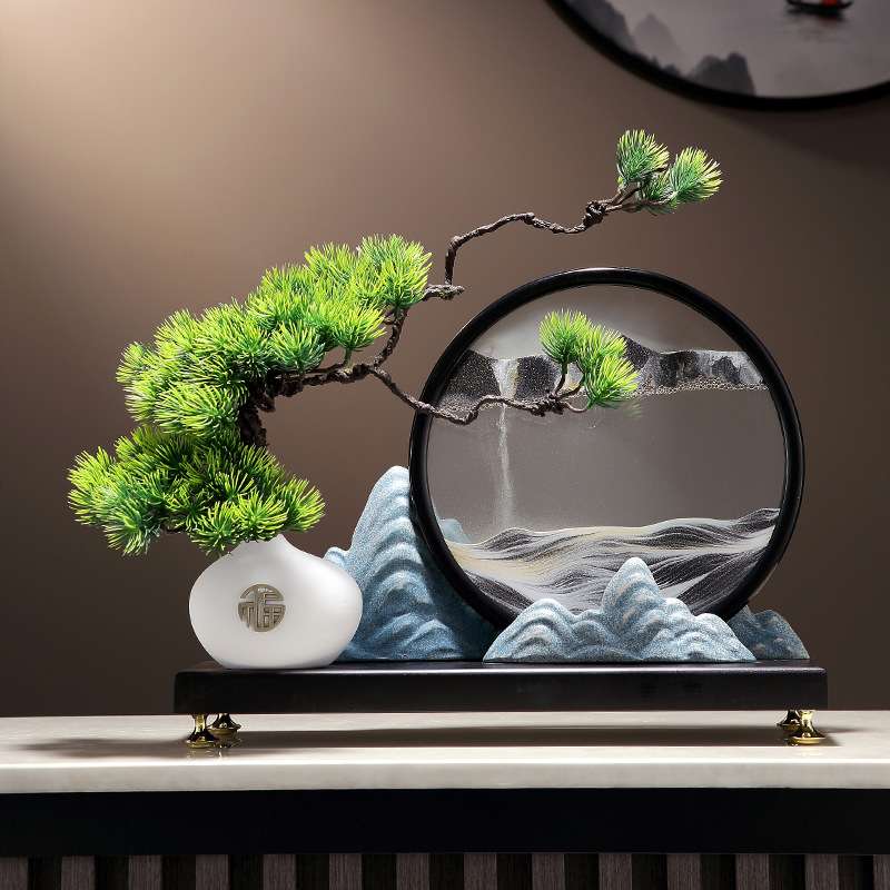 创意新中式流沙画摆件迎客松假山工艺品 陶瓷装饰酒柜玄关客厅图片