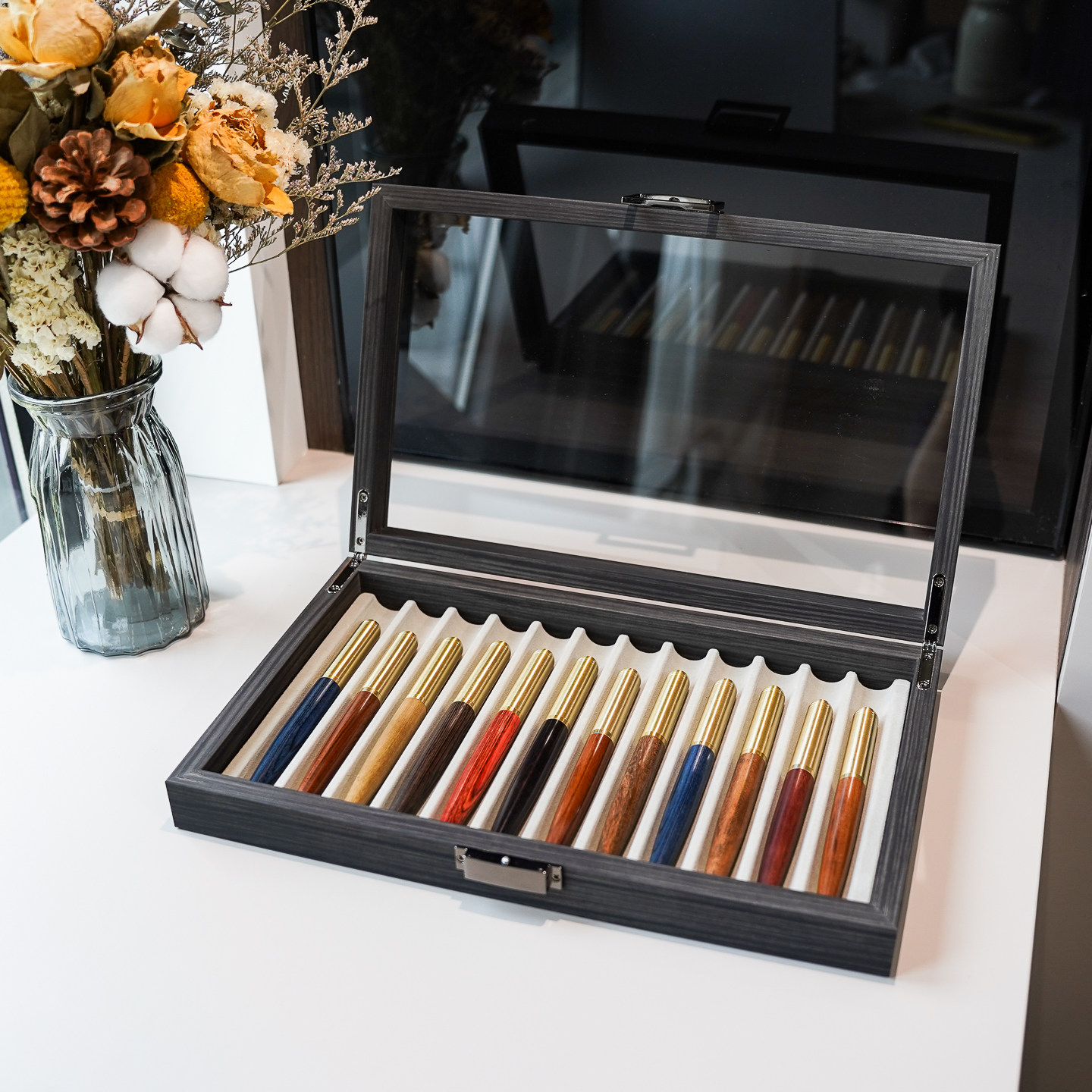 高档黑檀木纹皮12位钢笔收纳盒礼品盒名笔收藏展示盒陈列箱大容量,收纳整理,首饰盒,淘宝优惠券,粉丝福利购,淘宝优惠卷