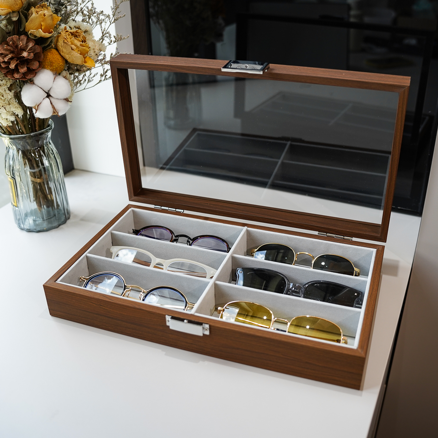 胡桃木纹眼镜盒收纳盒6格